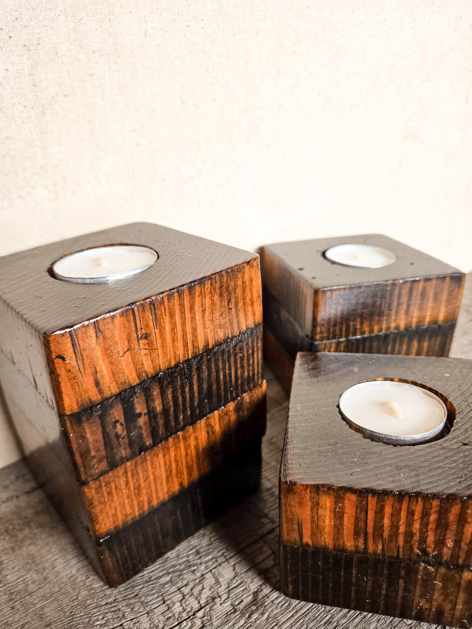 Set of 3 Rustic Reclaimed Wood Tealight Holders | Farmhouse Candle Decor