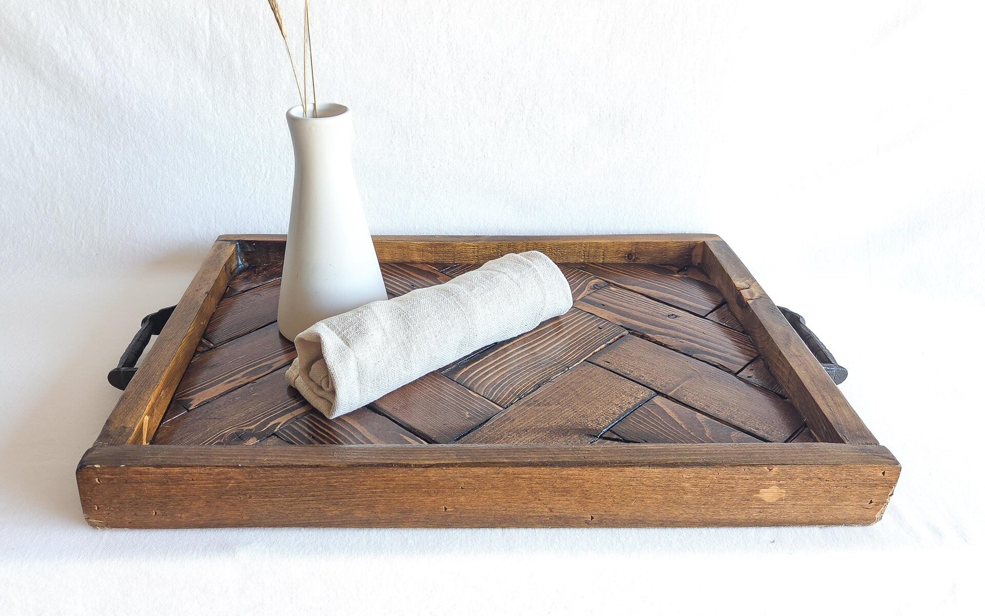 Large Ottoman Tray | Reclaimed Wood Herringbone | Rustic Coffee Table Tray