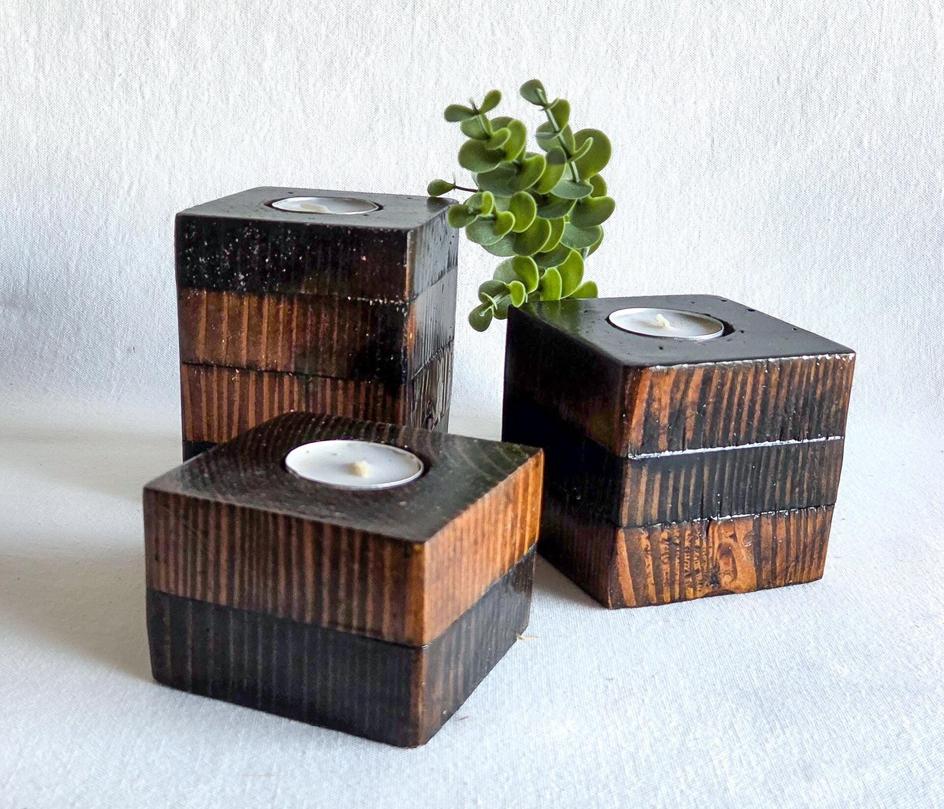 Set of 3 Rustic Reclaimed Wood Tealight Holders | Farmhouse Candle Decor