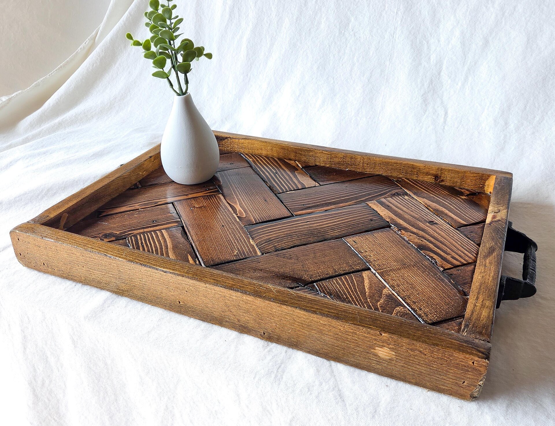 Large Ottoman Tray | Reclaimed Wood Herringbone | Rustic Coffee Table Tray
