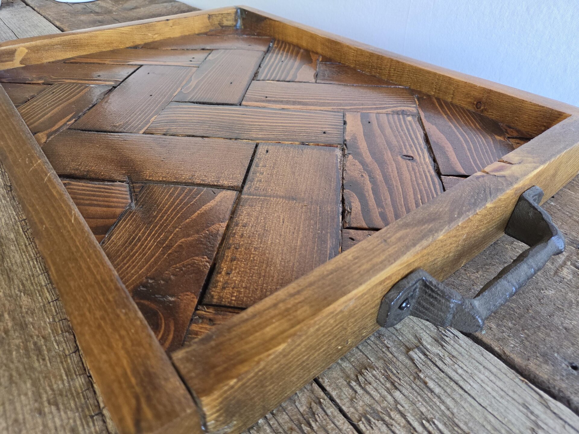 Large Ottoman Tray | Reclaimed Wood Herringbone | Rustic Coffee Table Tray