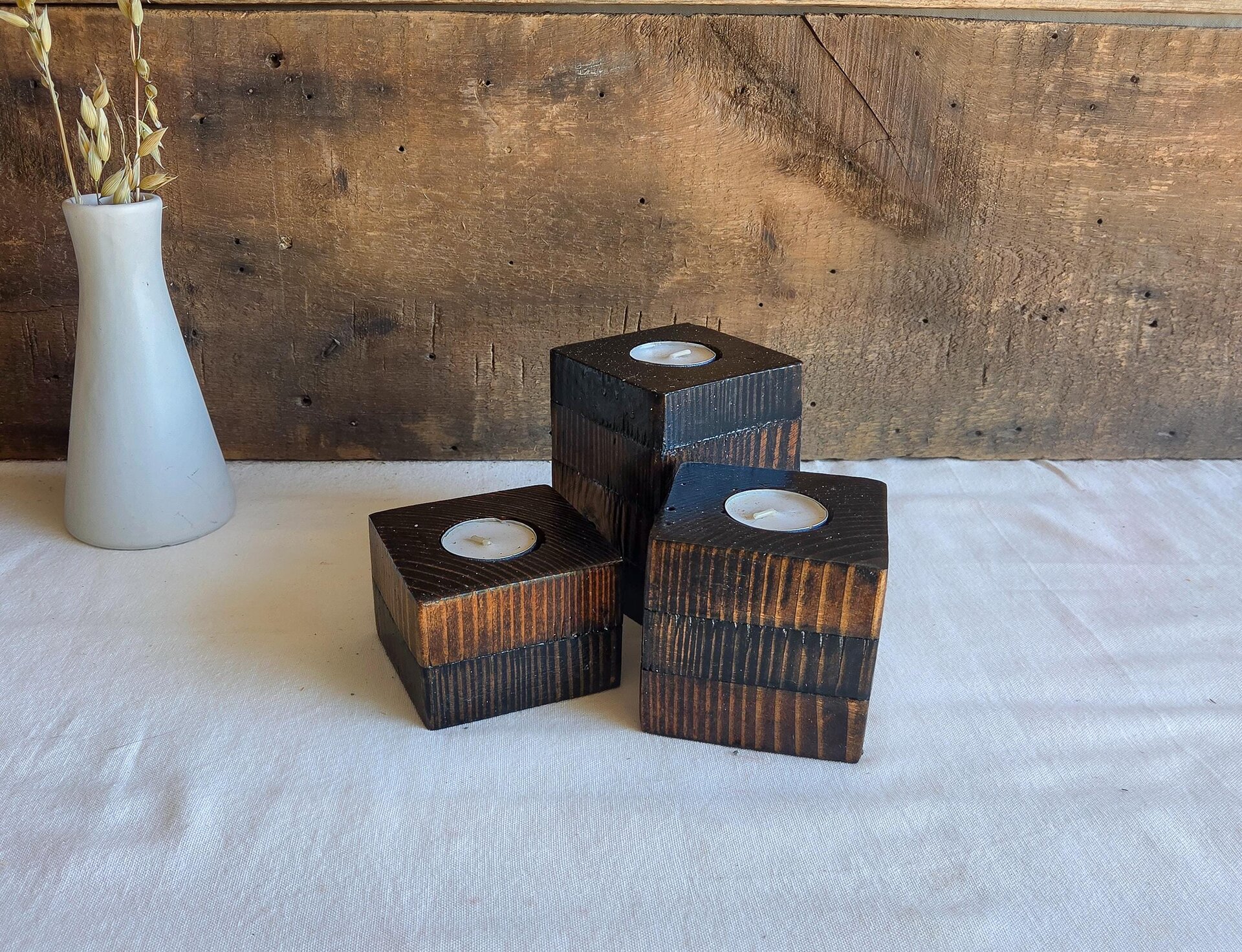 Set of 3 Rustic Reclaimed Wood Tealight Holders | Farmhouse Candle Decor