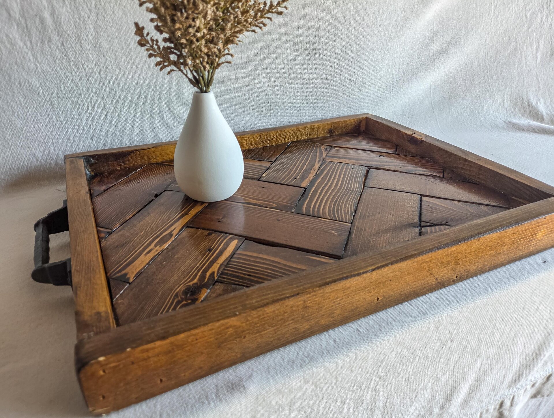 Large Ottoman Tray | Reclaimed Wood Herringbone | Rustic Coffee Table Tray