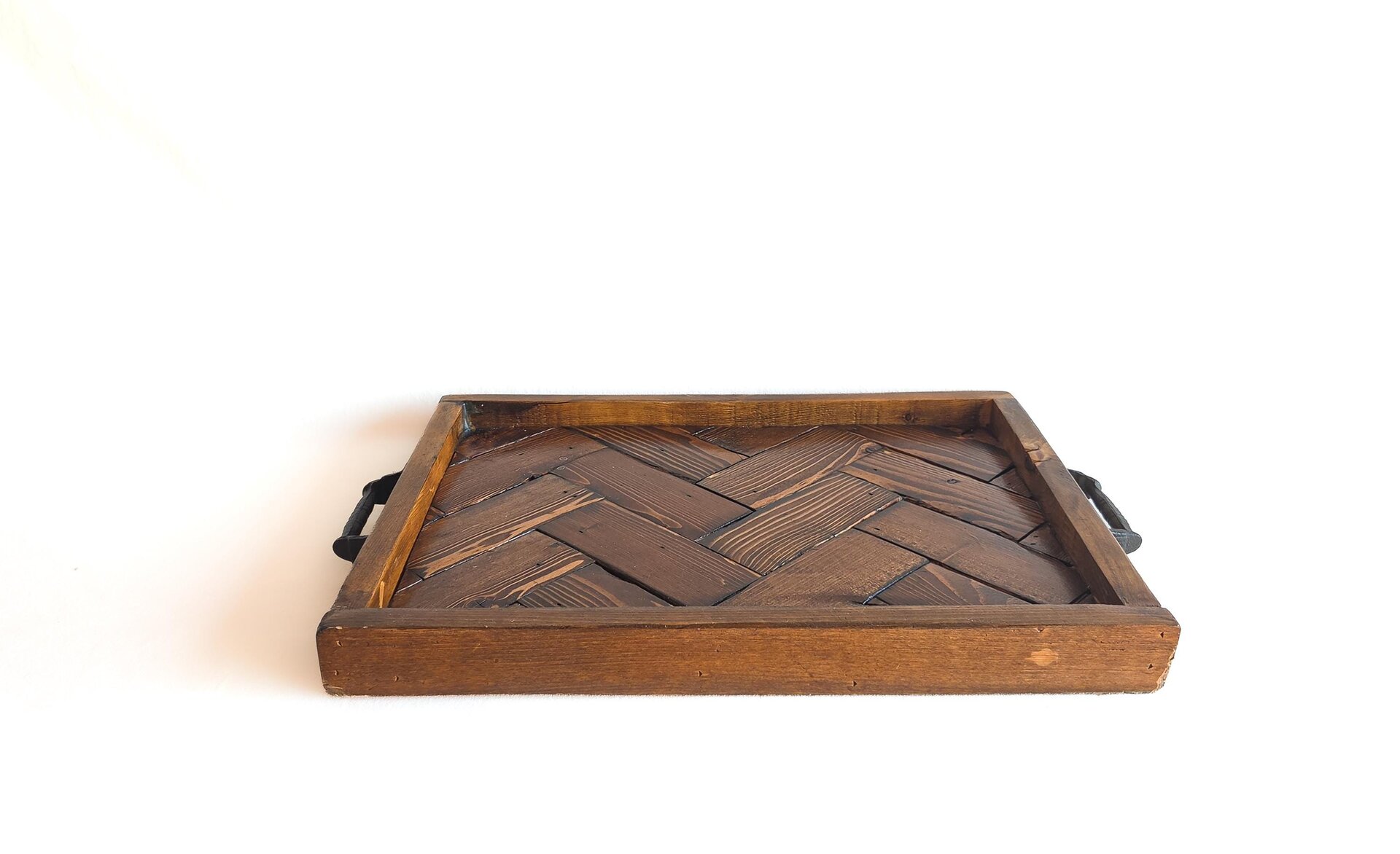 Large Ottoman Tray | Reclaimed Wood Herringbone | Rustic Coffee Table Tray