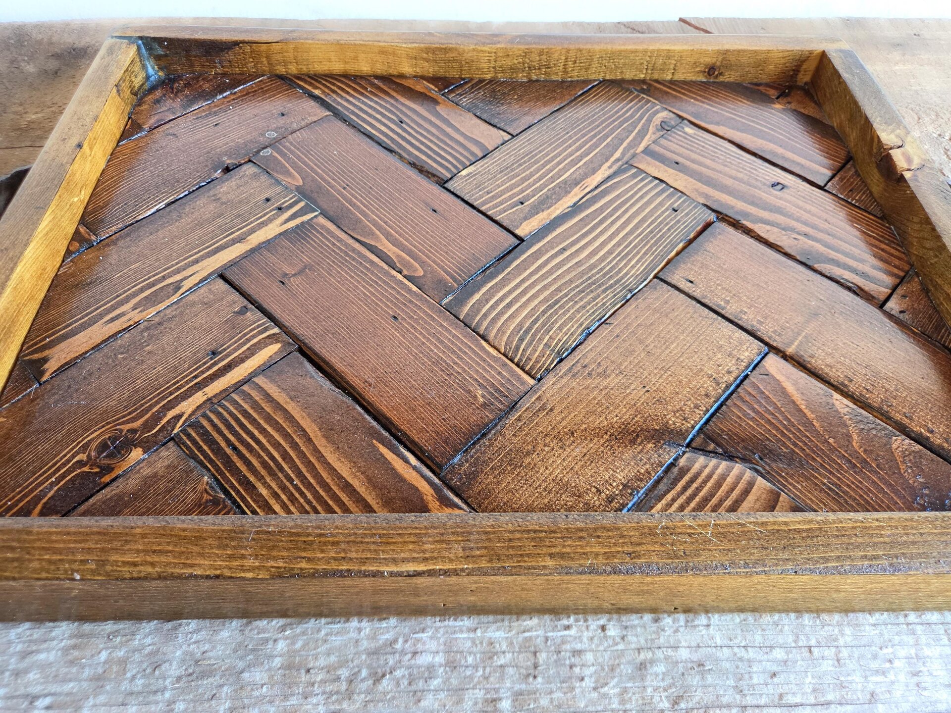 Large Ottoman Tray | Reclaimed Wood Herringbone | Rustic Coffee Table Tray