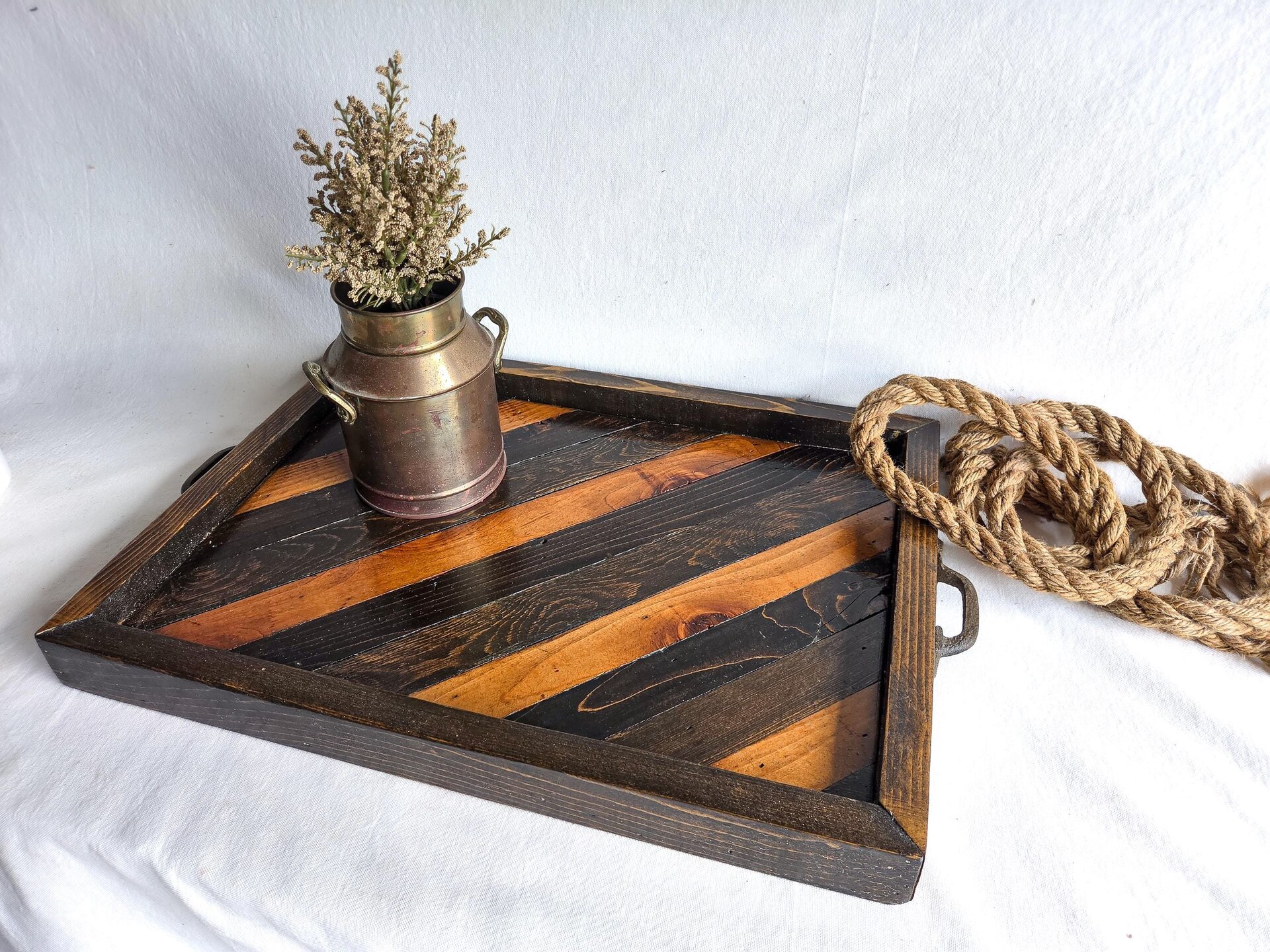 Reclaimed Wood Coffee Table Decor | Farmhouse Wood Tray with Handles | Rustic Centerpiece