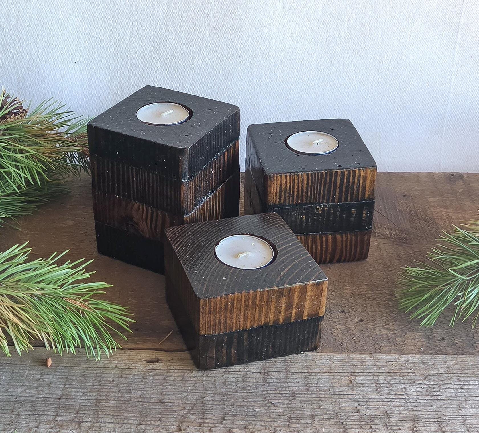 Set of 3 Rustic Reclaimed Wood Tealight Holders | Farmhouse Candle Decor