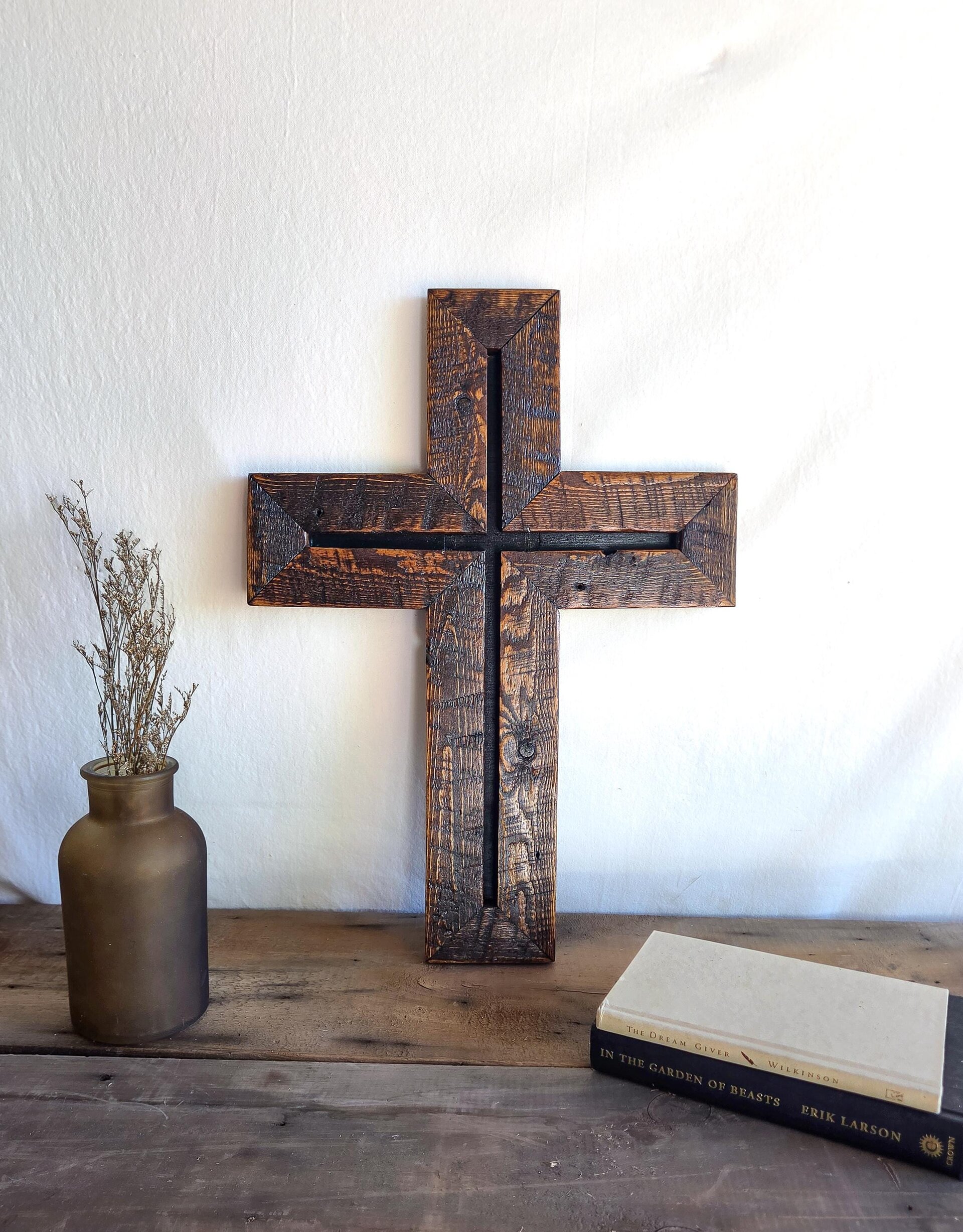 Reclaimed Wooden Cross | Rustic Geometric Wall Art (16"W x 22"H)