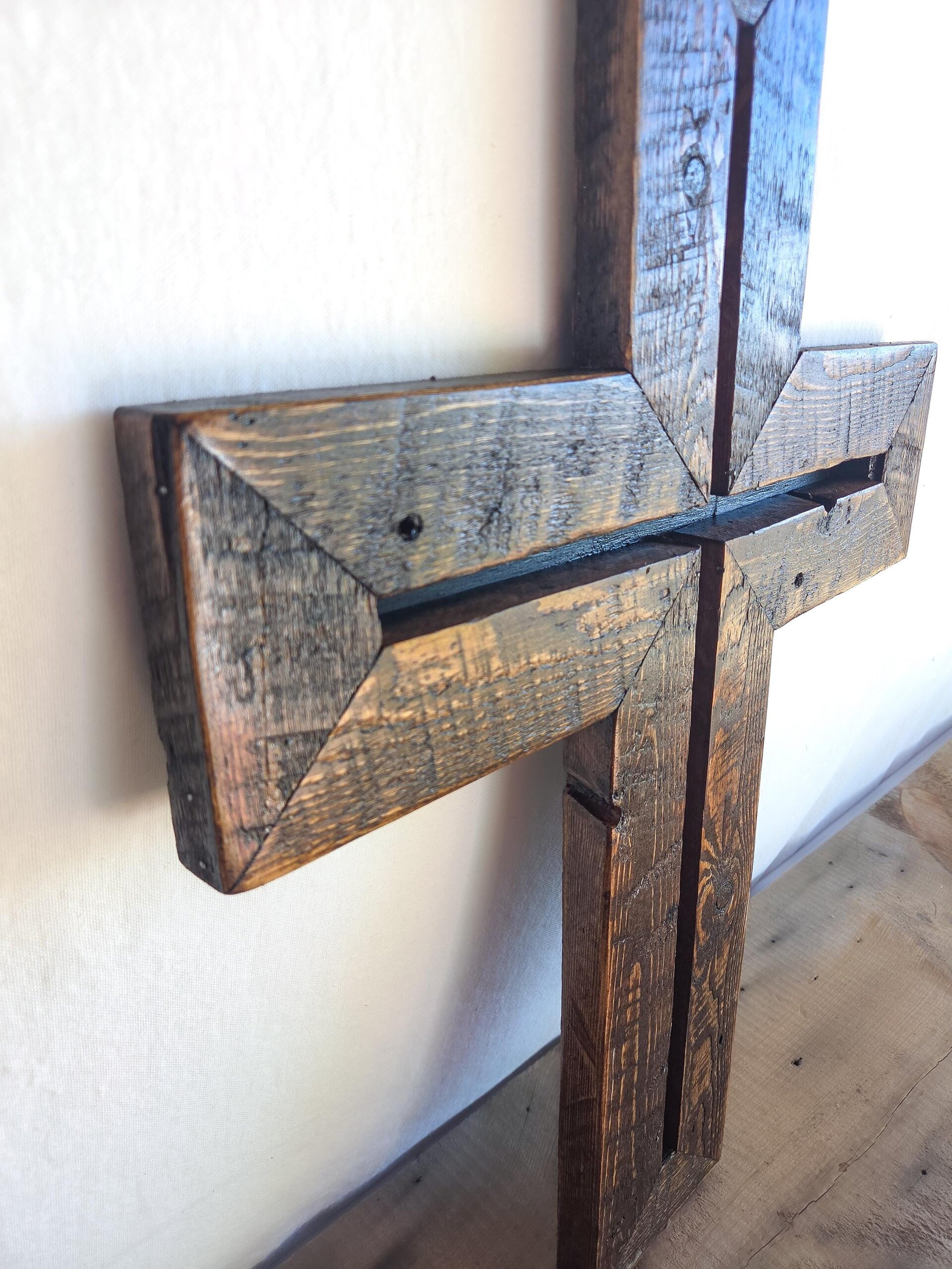 Reclaimed Wooden Cross | Rustic Geometric Wall Art (16"W x 22"H)