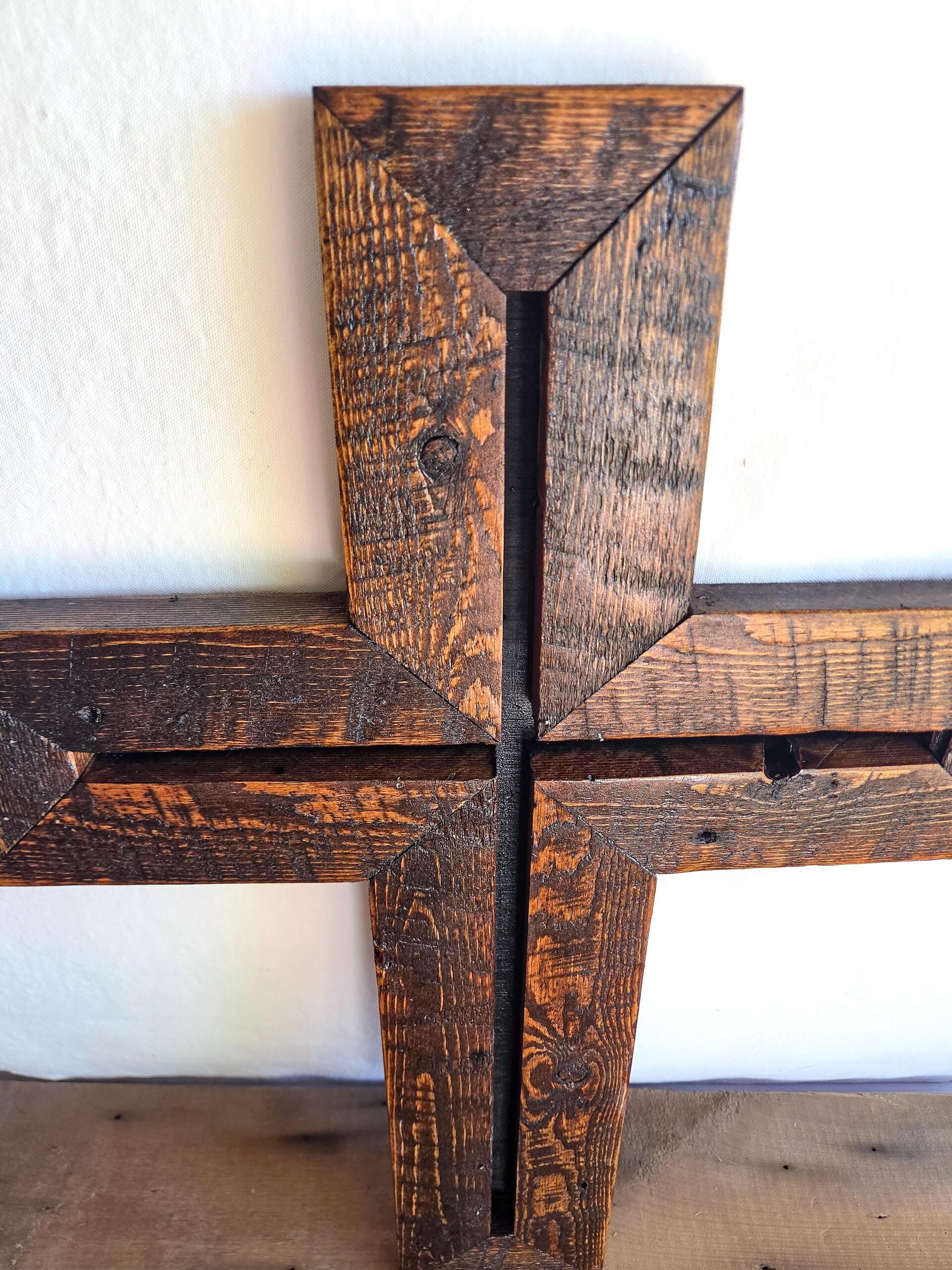 Reclaimed Wooden Cross | Rustic Geometric Wall Art (16"W x 22"H)