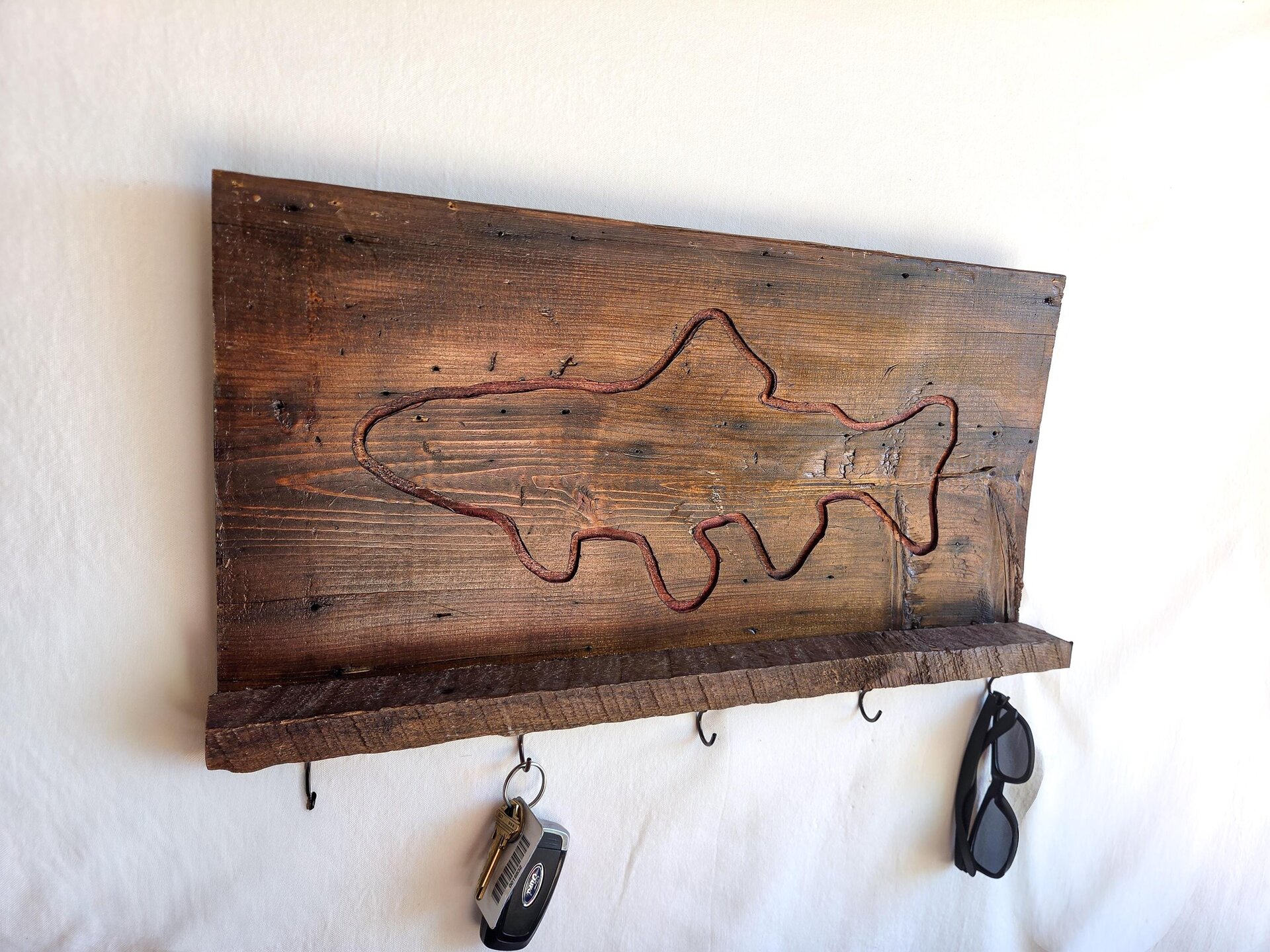 Handmade Reclaimed Wood Trout Wall Shelf | Rustic Fishing Cabin Decor