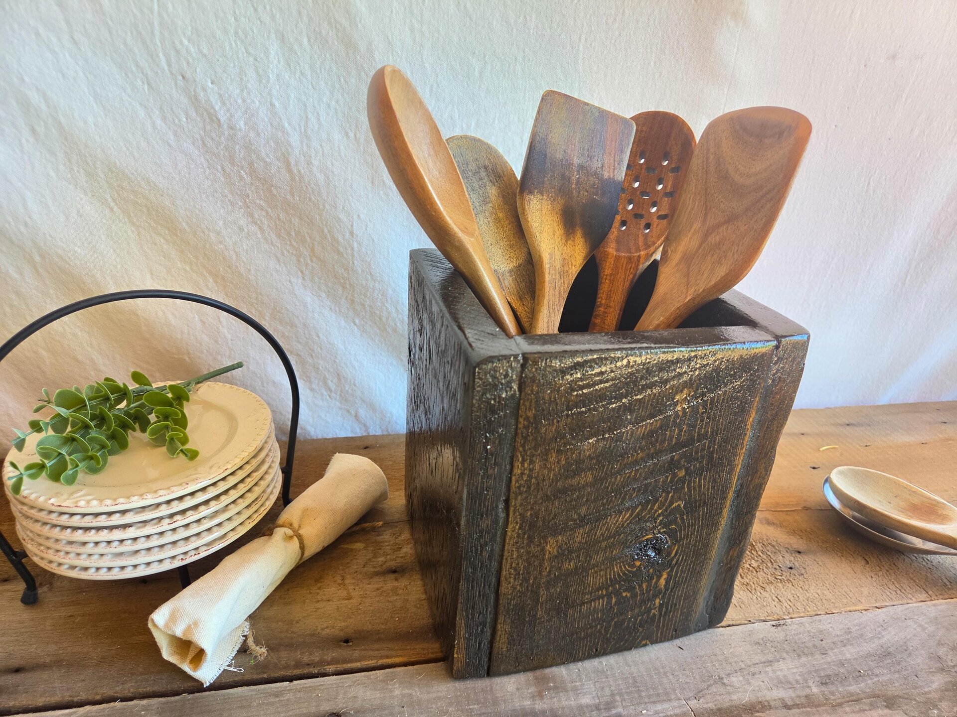 Reclaimed Wood Utensil Holder | Rustic Wooden Kitchen Organizer | Farmhouse Countertop Storage