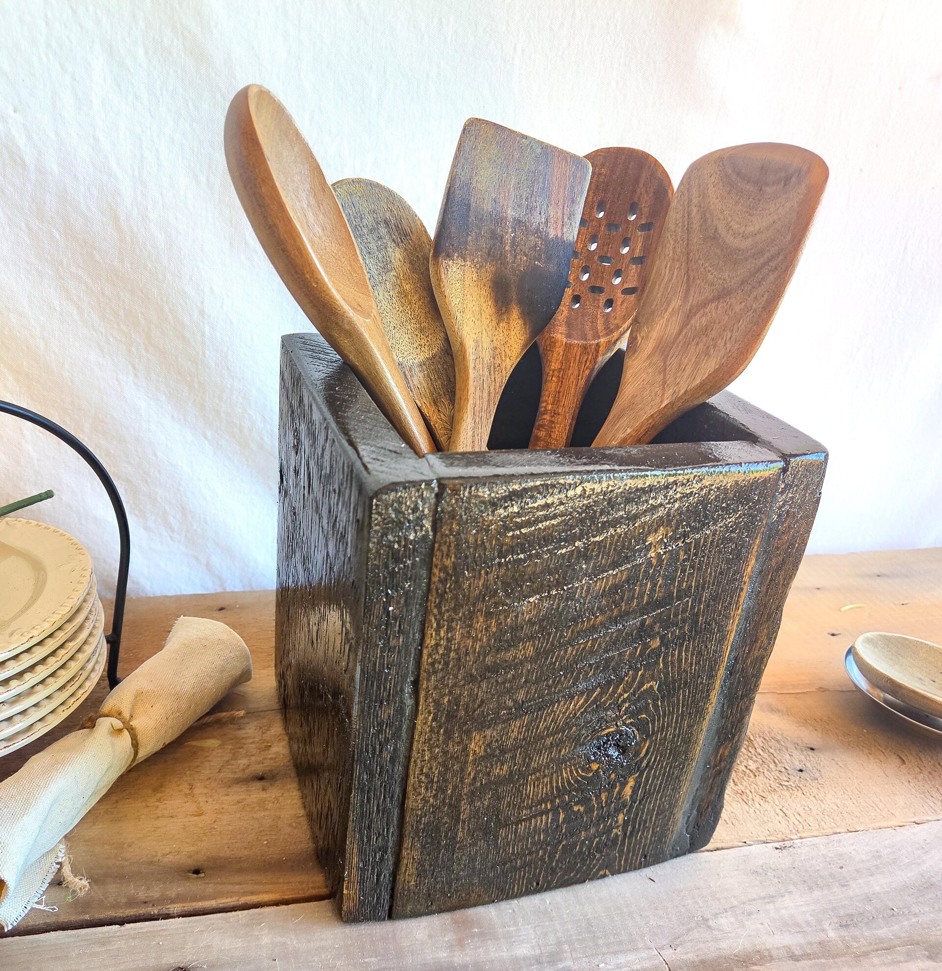 Reclaimed Wood Utensil Holder | Rustic Wooden Kitchen Organizer | Farmhouse Countertop Storage