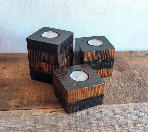 Set of 3 Rustic Reclaimed Wood Tealight Holders | Farmhouse Candle Decor