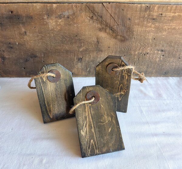 May include: Three rectangular wooden tags with a dark stained finish and visible wood grain. Each tag features a beveled top edge, a circular rusted metal washer centered near the top, and a piece of natural jute twine looped through the hole.