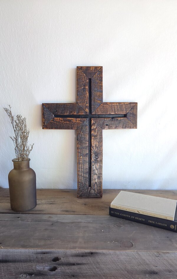 Reclaimed Wooden Cross | Rustic Geometric Wall Art (16"W x 22"H)