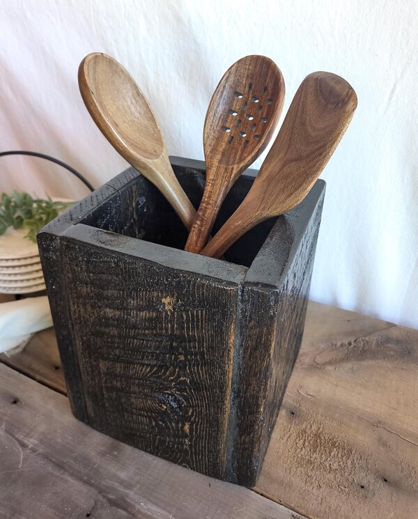 Reclaimed Wood Utensil Holder | Rustic Wooden Kitchen Organizer | Farmhouse Countertop Storage
